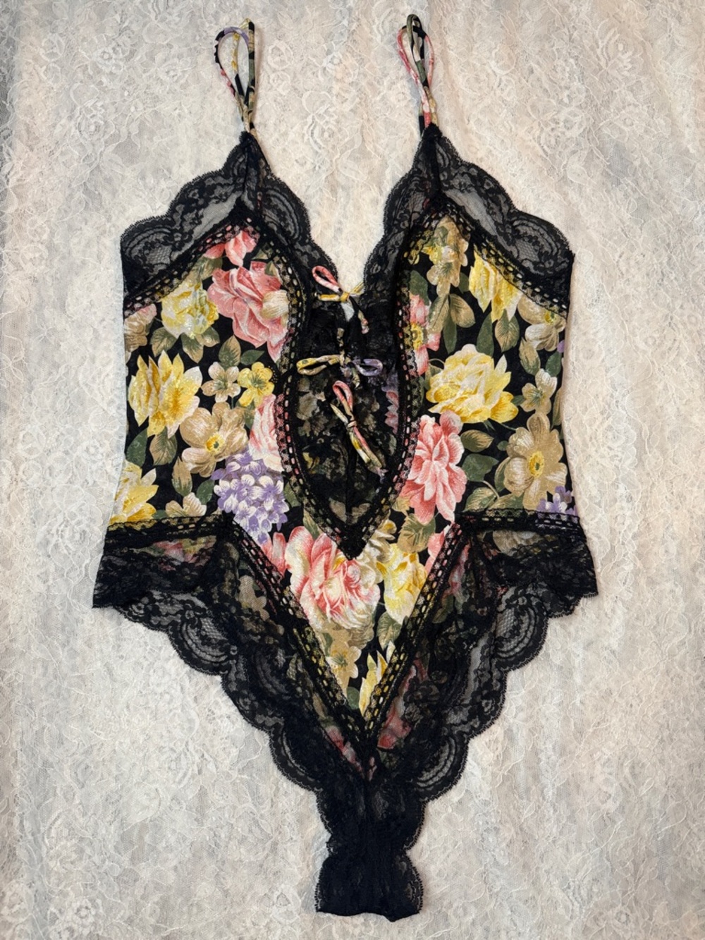 Vintage Victoria’s Secret Gold Label Floral Lace Teddy S Tie Front